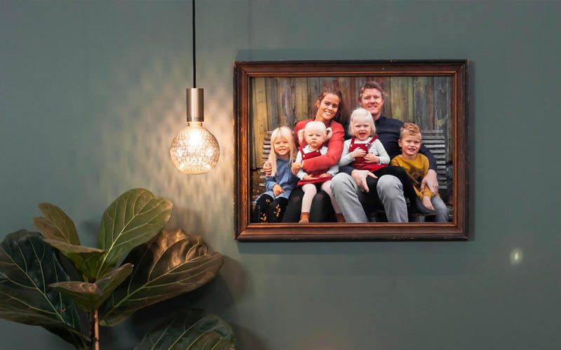 fotografipå veggen og grønn plante