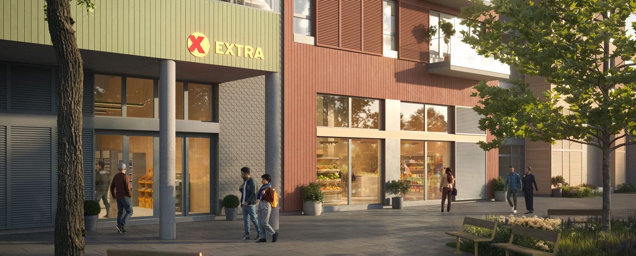 Lebakken torg sett fra gateplan, med Extra-butikk i første etasje