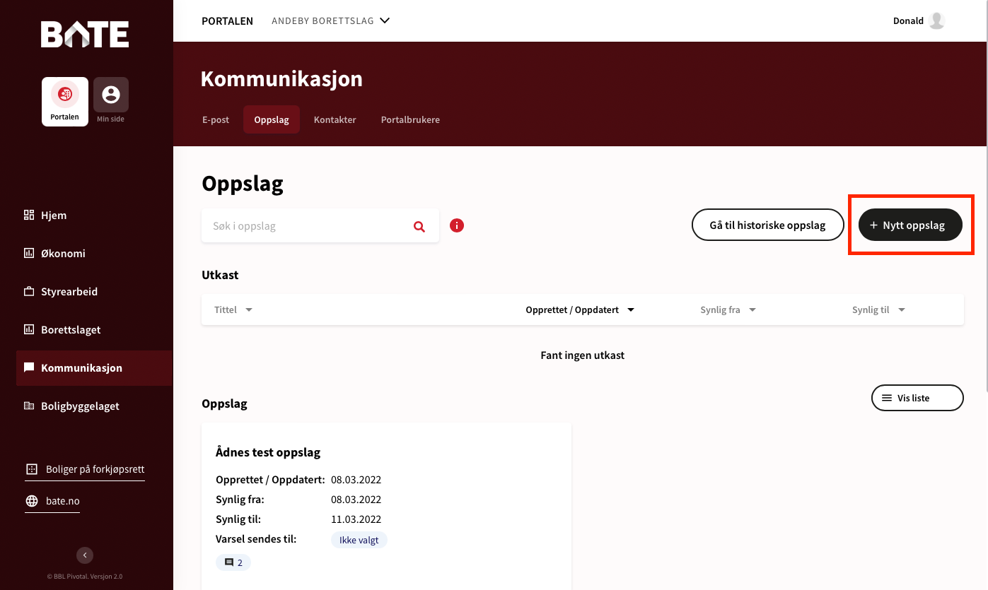 Fra Kommunikasjon velger du Oppslag og + Nytt oppslag