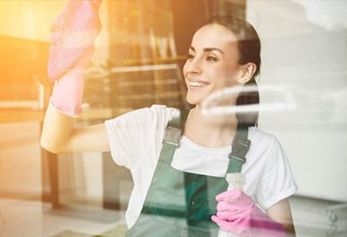 dame som vasker et vindu