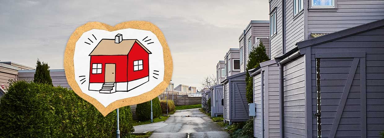 Illustrasjon av hus i hjerte over bilde av nabolag