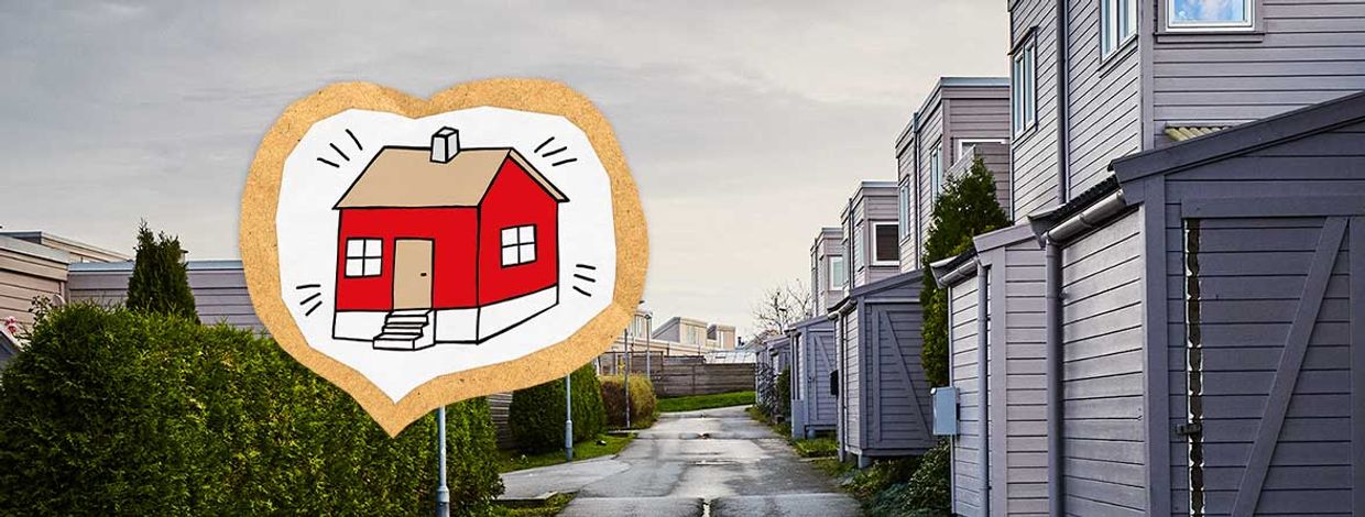 Illustrasjon av hus i hjerte over bilde av nabolag