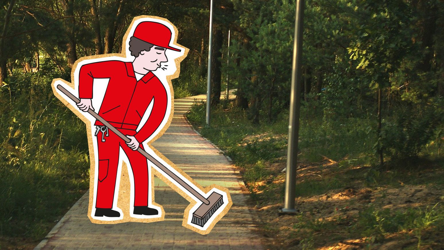 Illustrasjon av vaktmester som soper gangvei