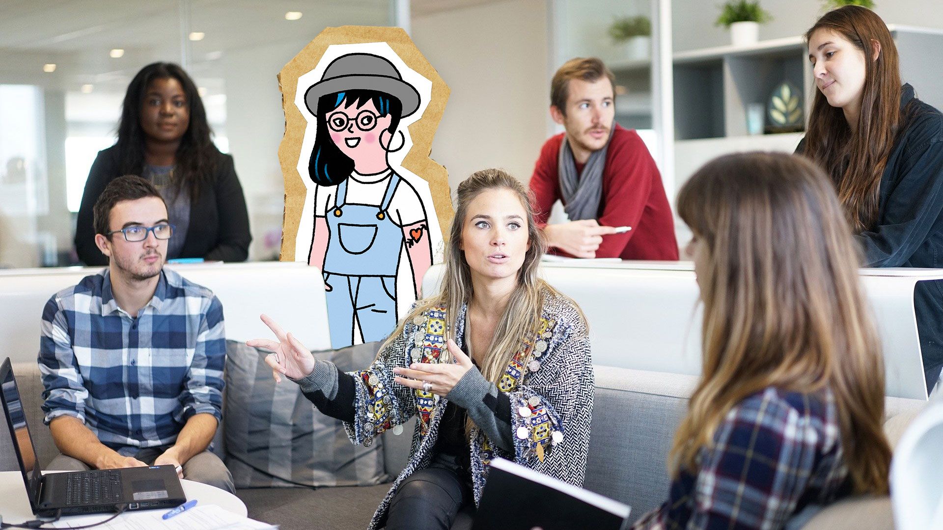 Unge mennesker har møte. Illustrasjon av jente i bakgrunnen 