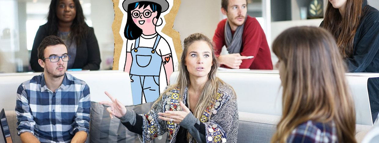 Unge mennesker har møte. Illustrasjon av jente i bakgrunnen