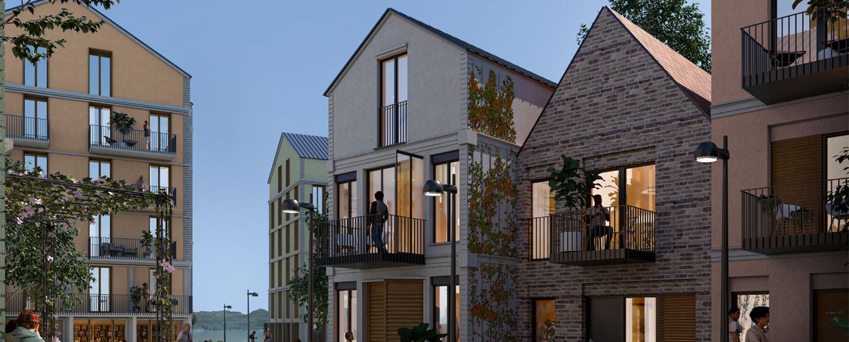 Illustrasjon av mulige framtidige boligblokker og rekkehus i Støperigata