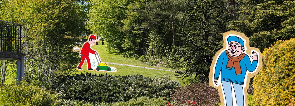 Illustrasjon av mann som vinker til vaktmester i park