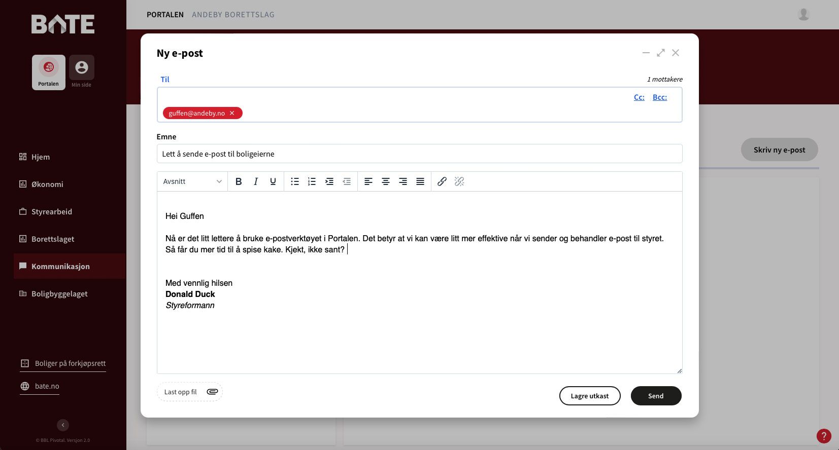 Slik ser det ut når du sender en e-post fra Portalen
