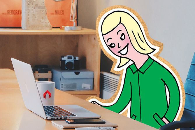 Illustrasjon av dame foran pc