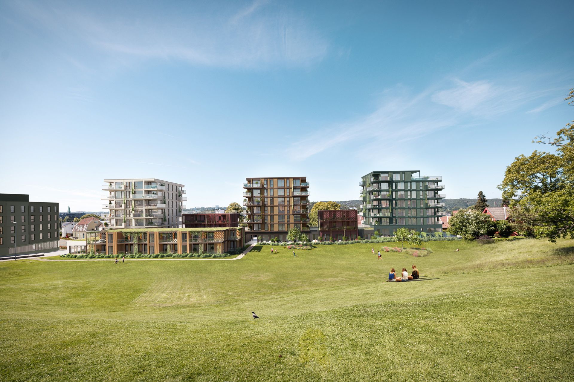 De seks nye byggene i Vabua park sett fra parken