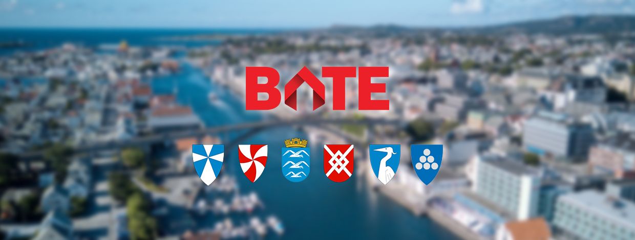 oversiktsbilde av haugesund med bate logo og kommunevåpen