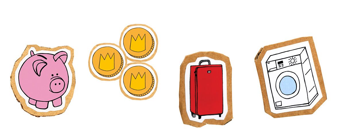 illustrasjon sparegris, mynter, koffert, vaskemaskin