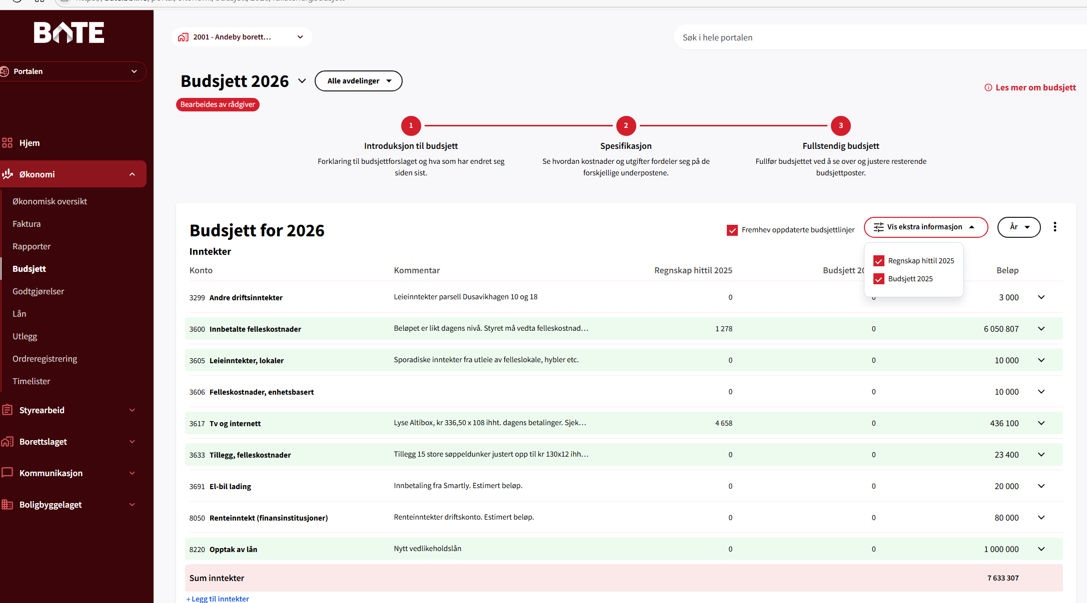 Skjermbilde fra budsjetteringsmodulen i Portalen