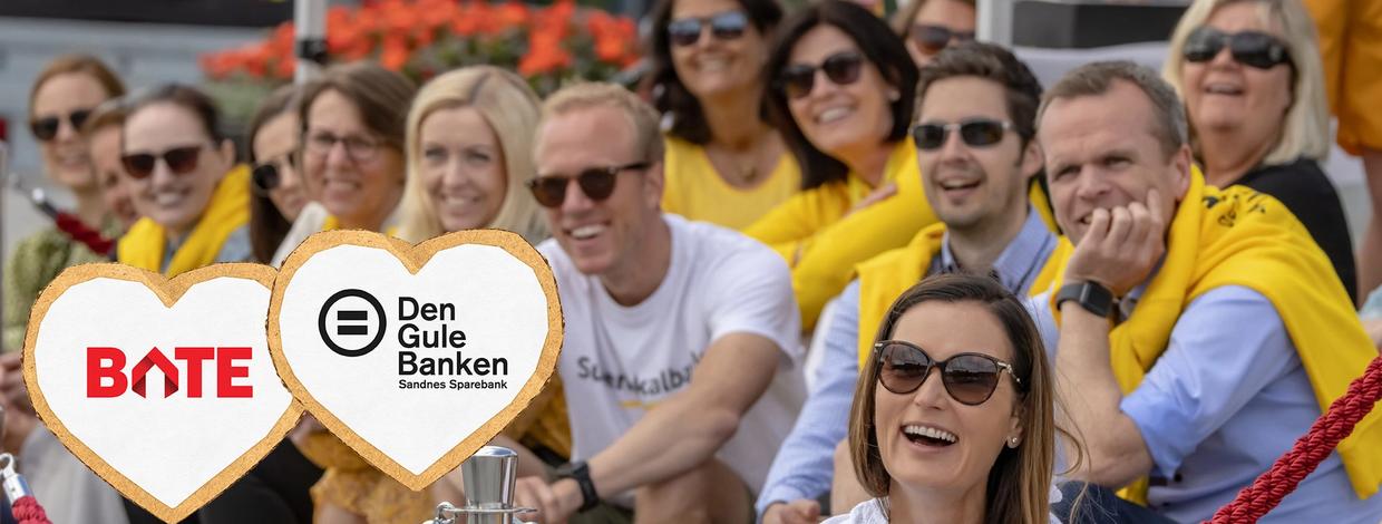 glade mennesker og bate logo og den gule banken logo