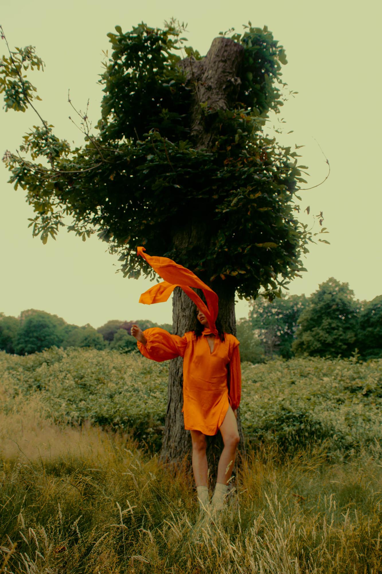 A model stands against a large tree trunk in a wild meadow, wearing a vivid orange voluminous dress with wide puff sleeves. A long orange scarf billows dramatically upward in the wind, covering her face. Tall grass, wildflowers, and a pale green sky surround her.