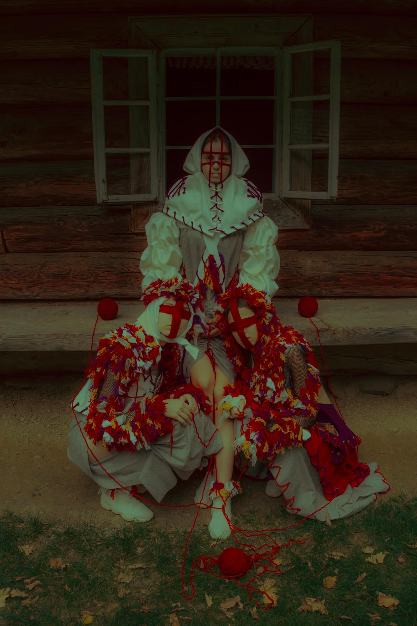 A model in a voluminous red and white ethno-style dress sitting on the porch of an authentic wooden "hata" (traditional house) in Lviv.