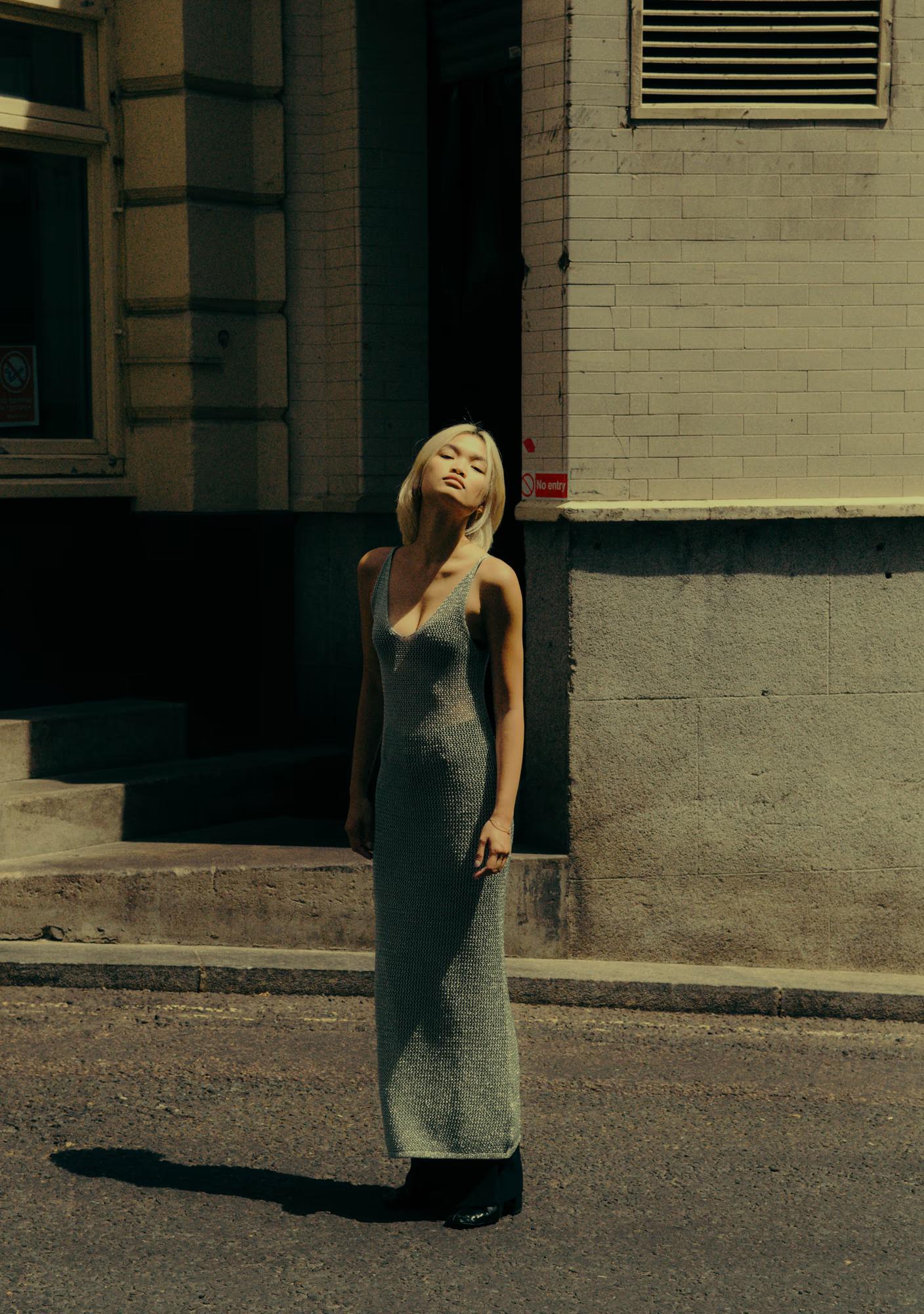 Blonde Philipino model in urban environment, cinematic fashion editorial photography, street style