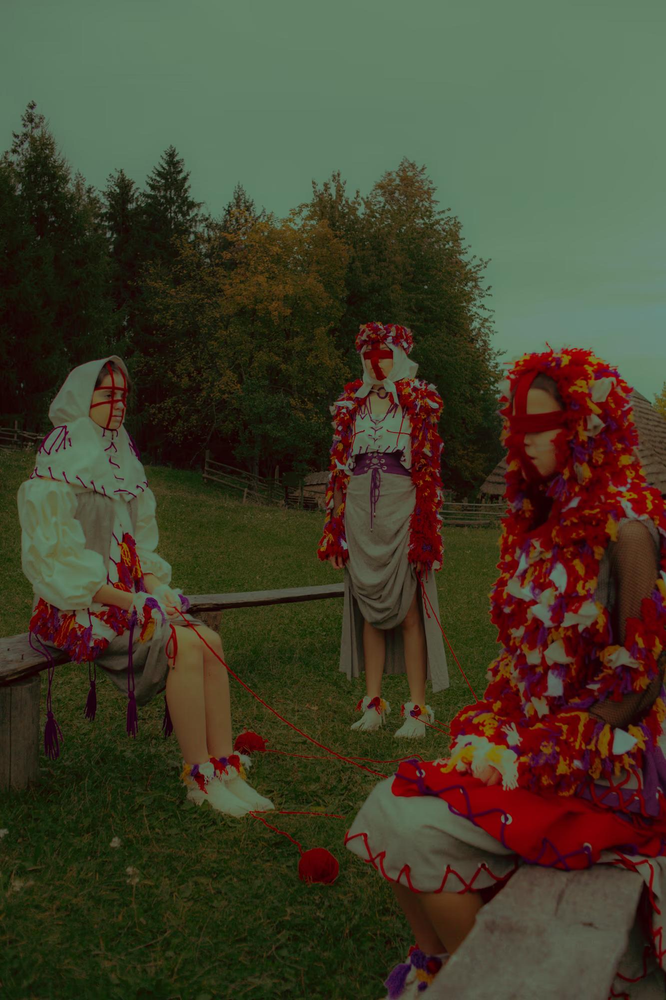 Models interacting in a pastoral scene, wearing modern interpretations of Ukrainian folk costumes against a backdrop of forest and vintage architecture.