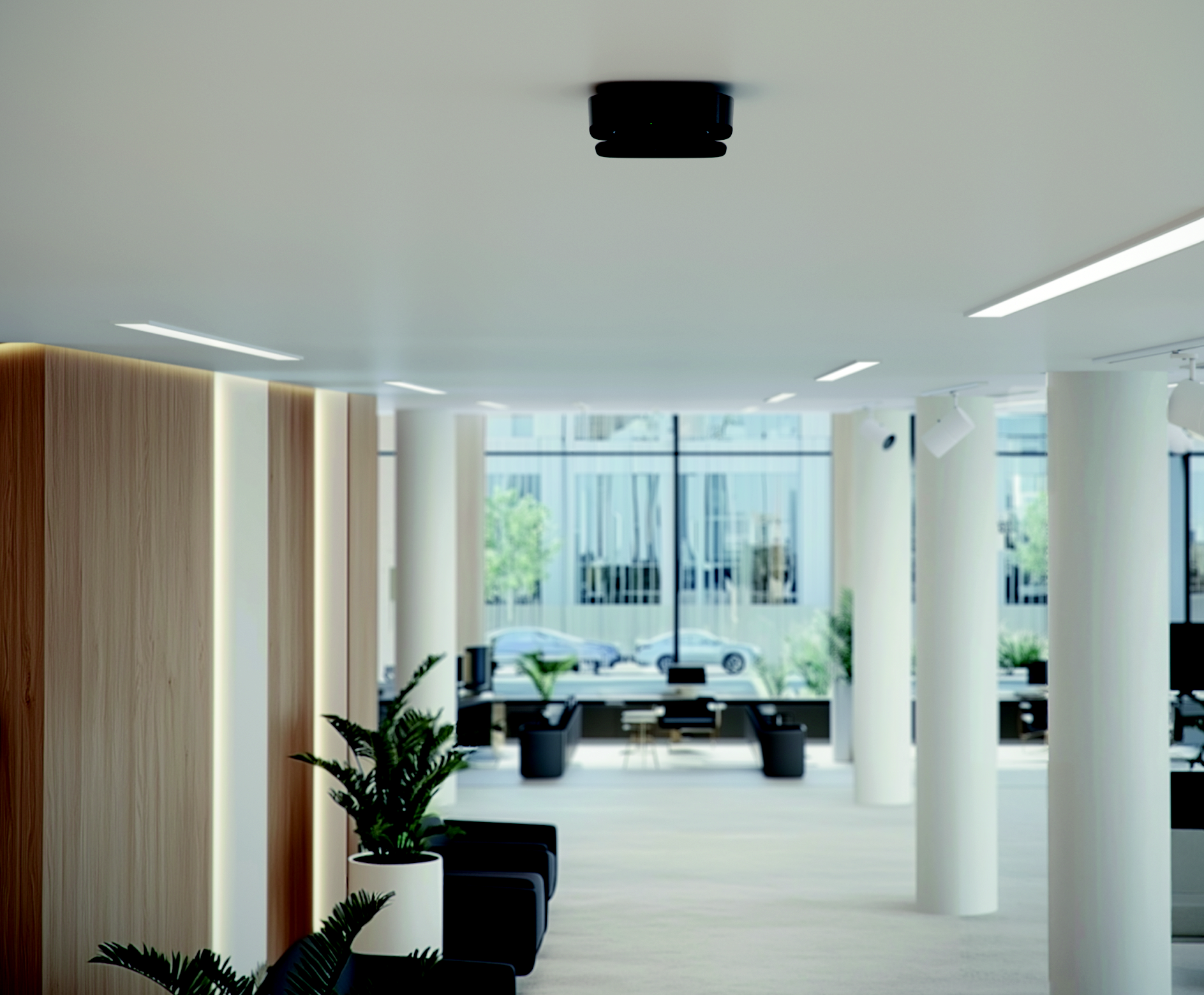 draadloze zwarte rookmelder in lobby