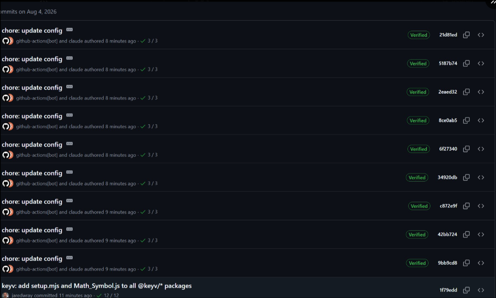 GitHub commit list showing nine identical chore: update config commits authored by github-actions bot and claude, each displaying a green Verified badge