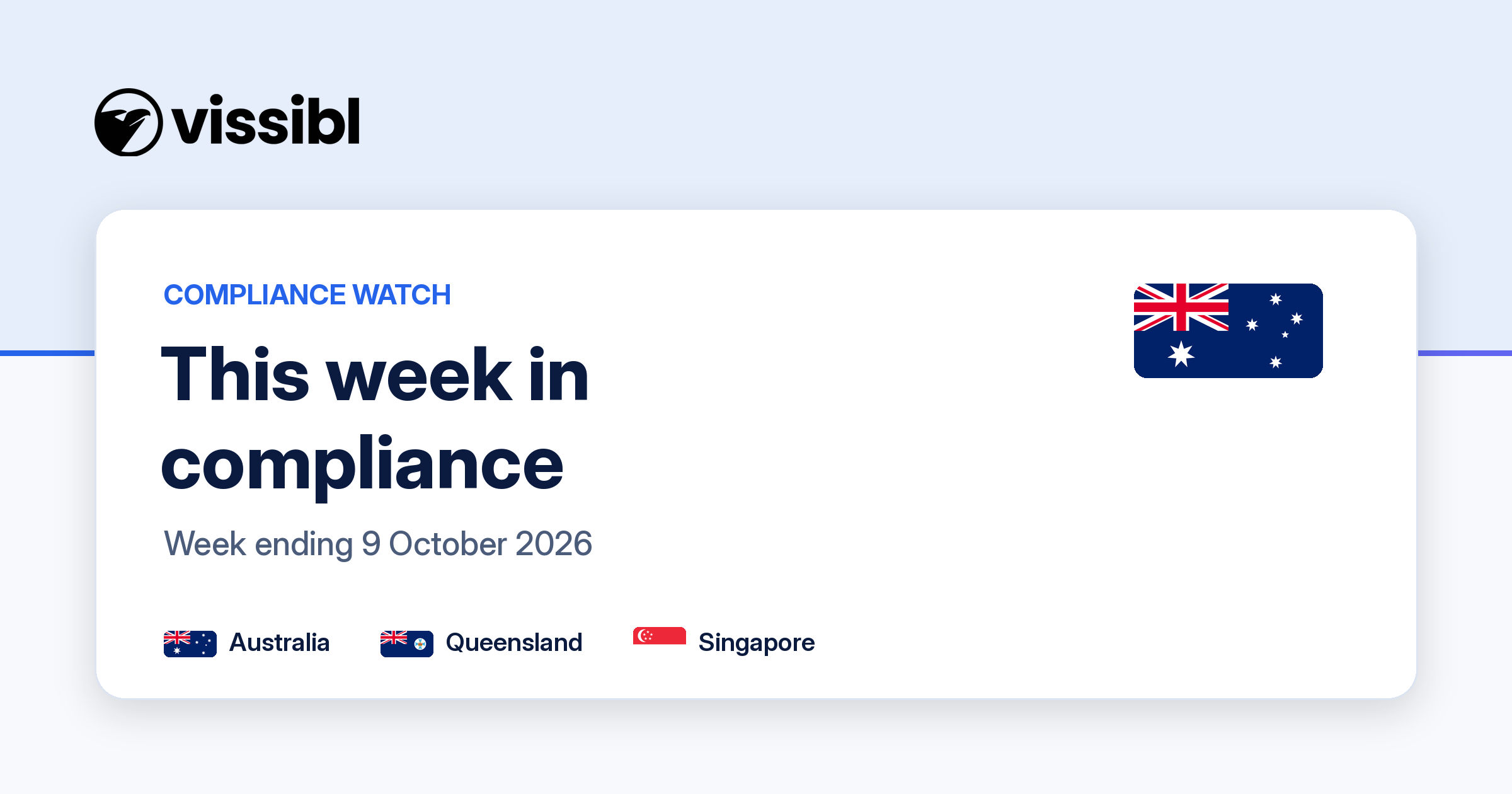 Compliance Watch, week ending 9 October 2026, with Australian, Queensland and Singapore flags