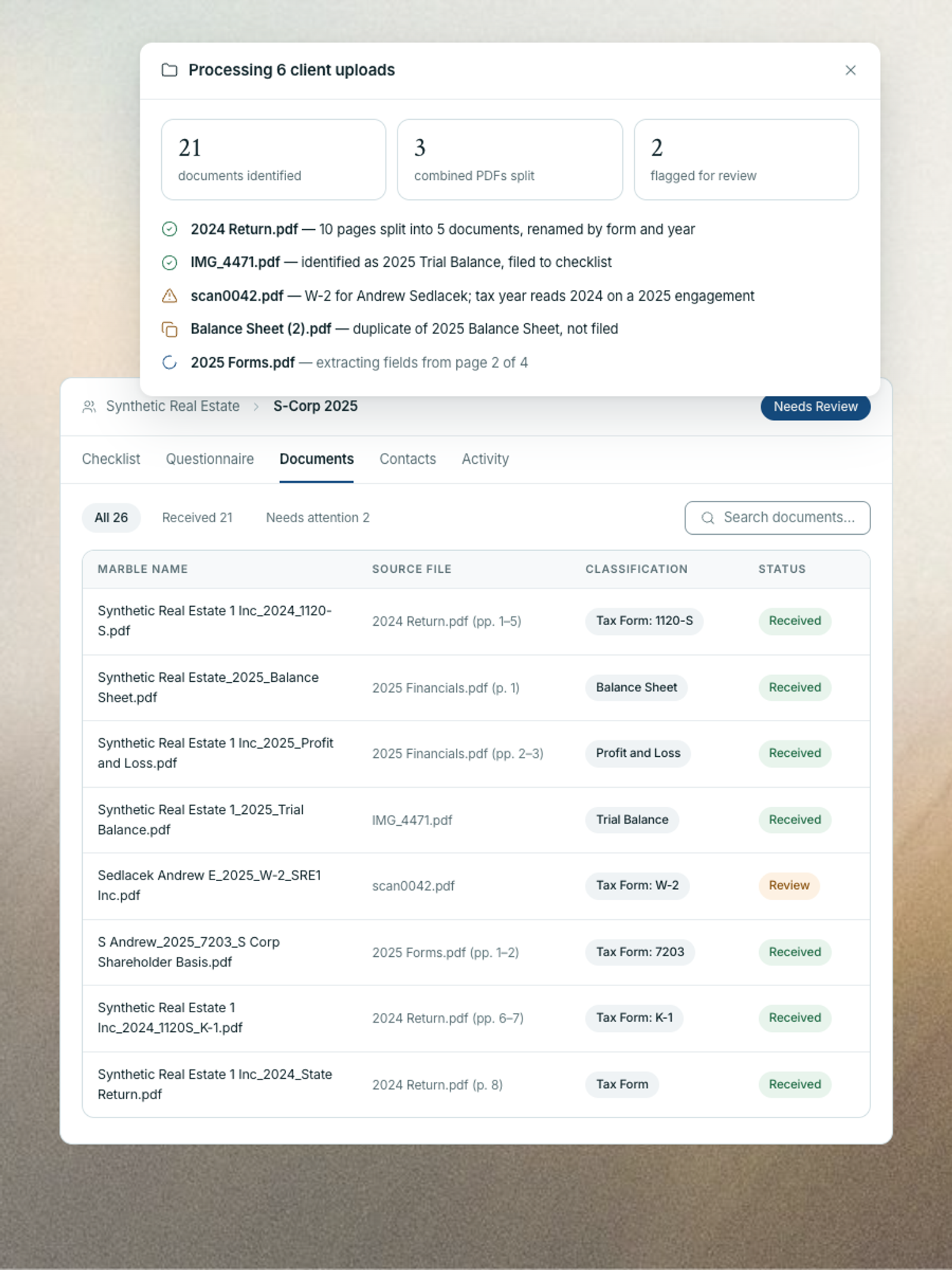 Marble sorting uploaded tax documents into organized folders