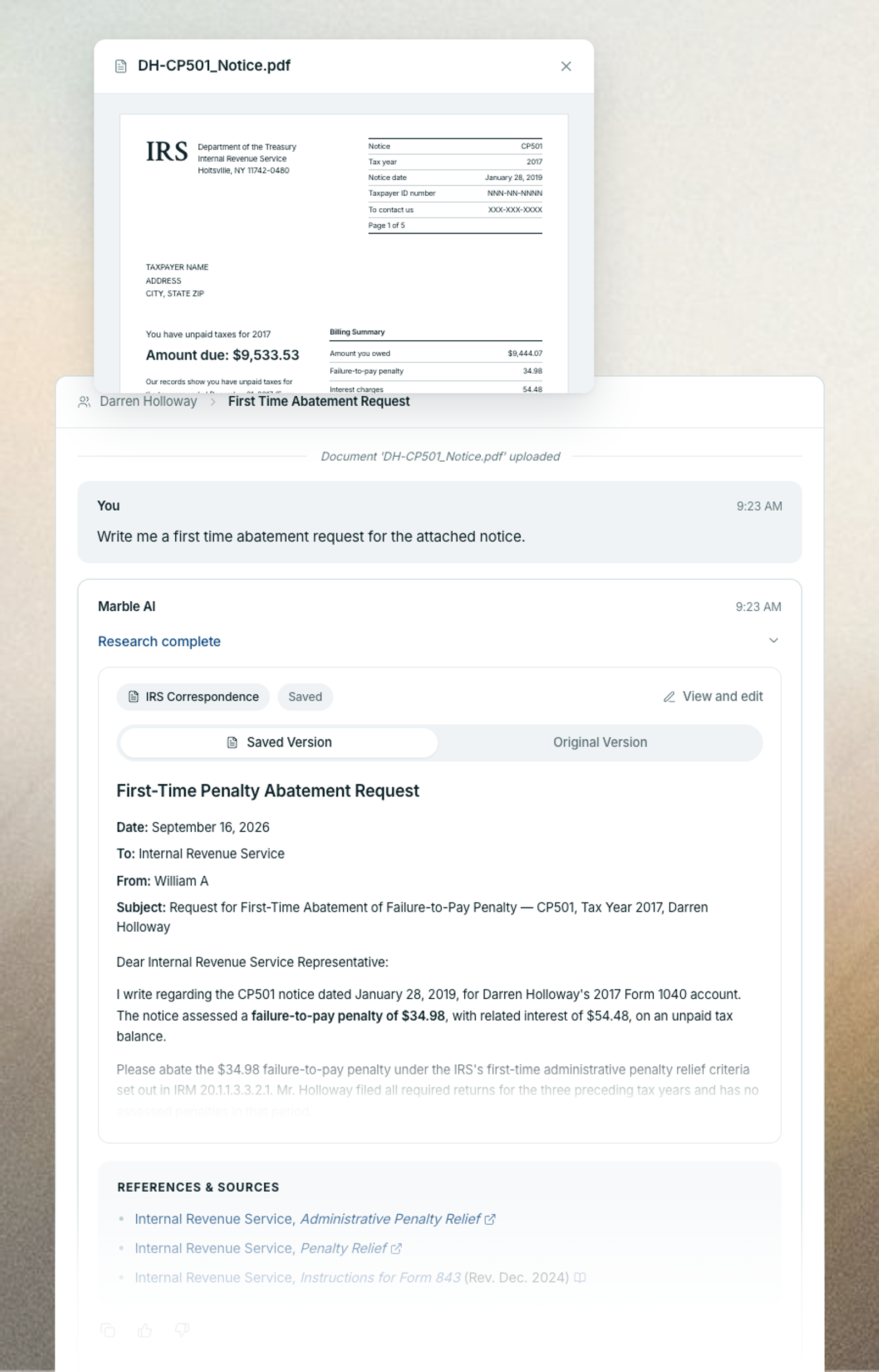 Marble turning cited research into a finished client memo