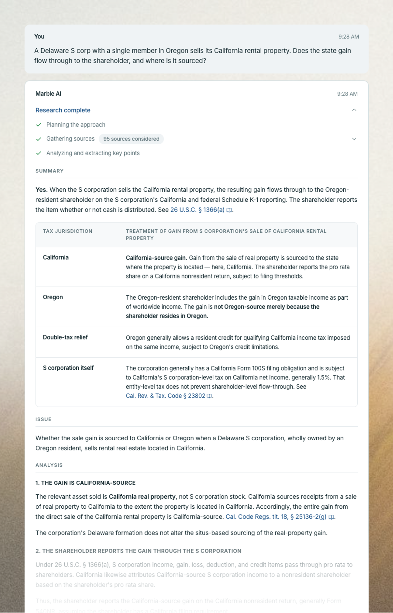 Typing a plain-English tax question into Marble's research assistant