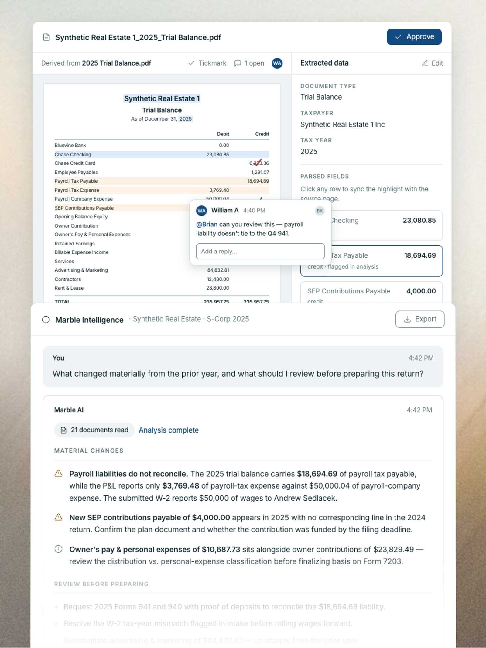 Marble flagging which uploaded documents need review before tax prep begins