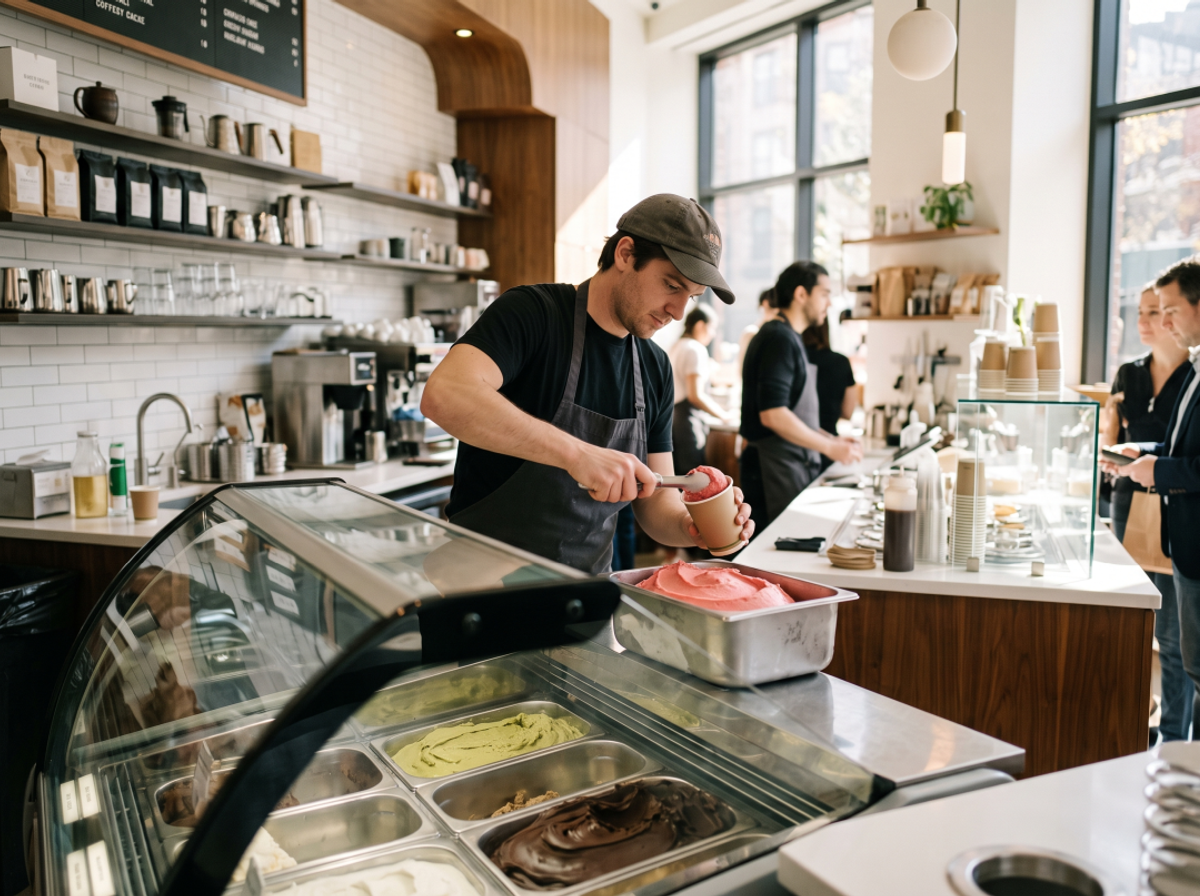 Concept: B2B application—showing the product ready to serve in a stylish café, restaurant, or boutique gelato counter.