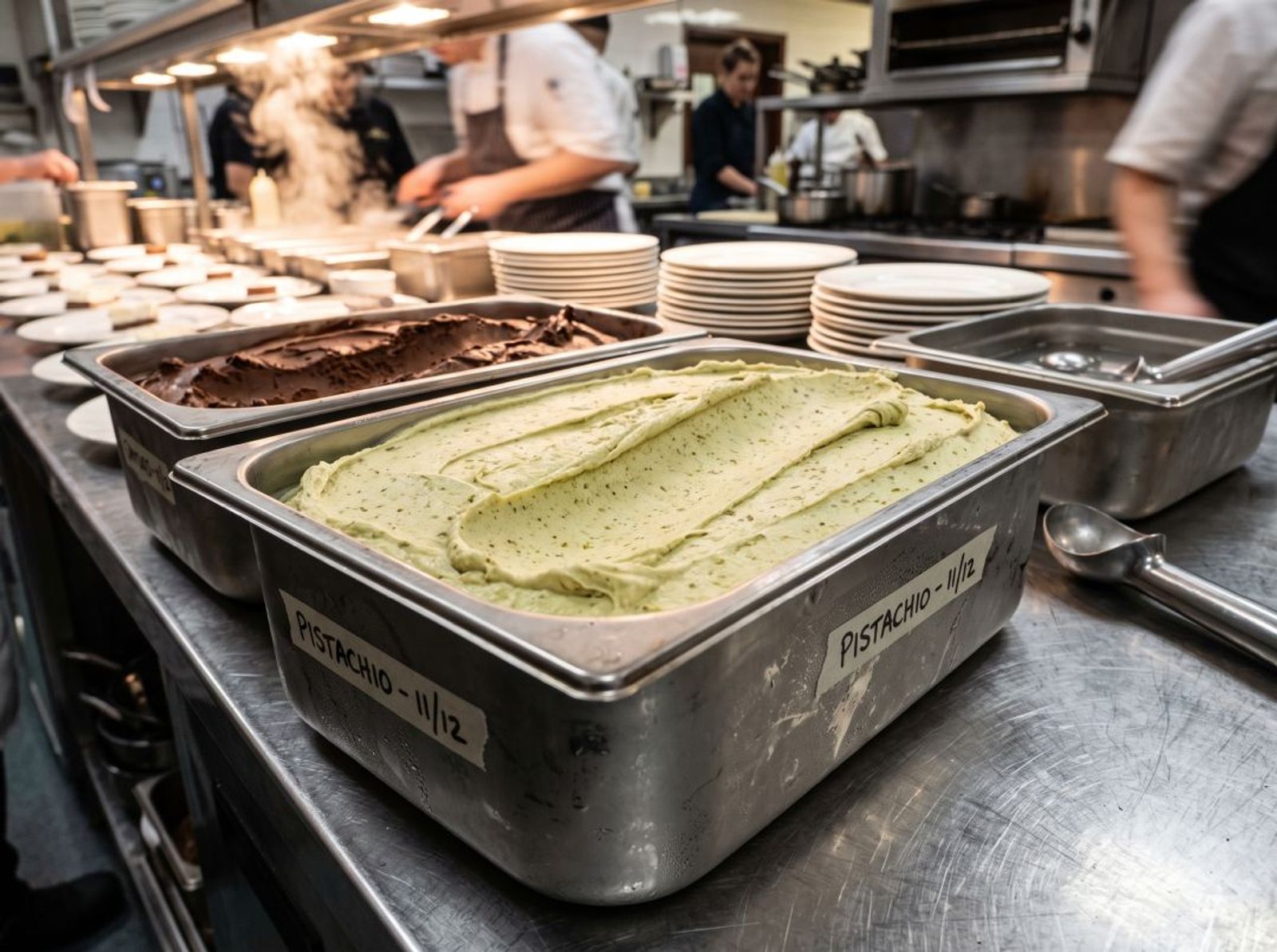 Five-liter pan of pistachio gelato on the pass of a Westchester hotel banquet kitchen Avoid: cones, waffle bowls, scooped round balls, sprinkles, chalkboard menus, anything that reads as a consumer ice cream shop. No visible branding.