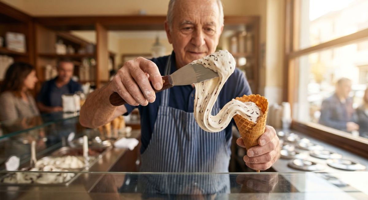Italian artisan using a flat metal spatula to scoop soft, stretchy stracciatella gelato into a waffle cone in a sunny gelateria.