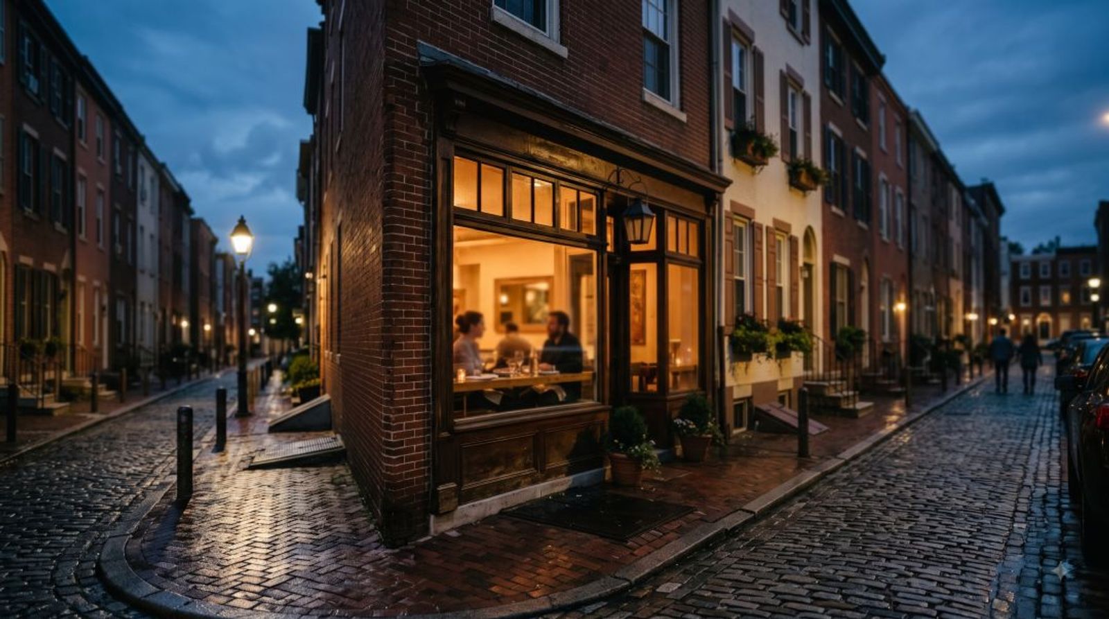 Independent restaurant glowing at dusk on a South Philadelphia rowhome street