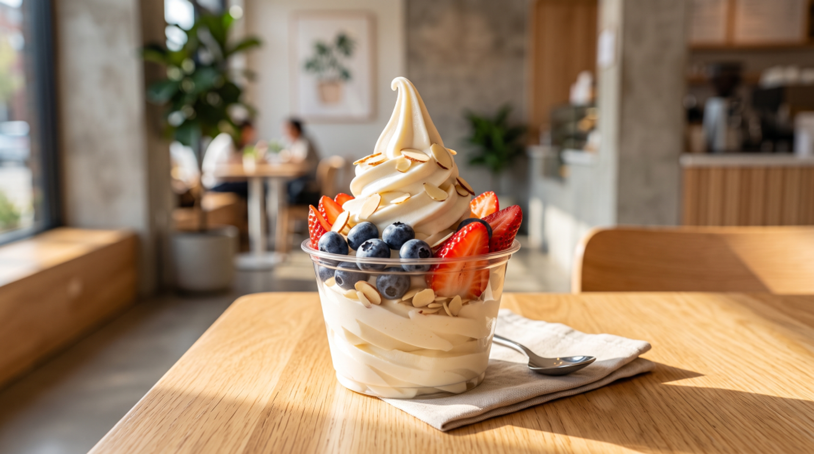 The froyo is elegantly topped with fresh, healthy toppings like sliced strawberries, a few blueberries, and a light sprinkle of sliced almonds, emphasizing a fresh and health-conscious vibe without looking overly decadent.