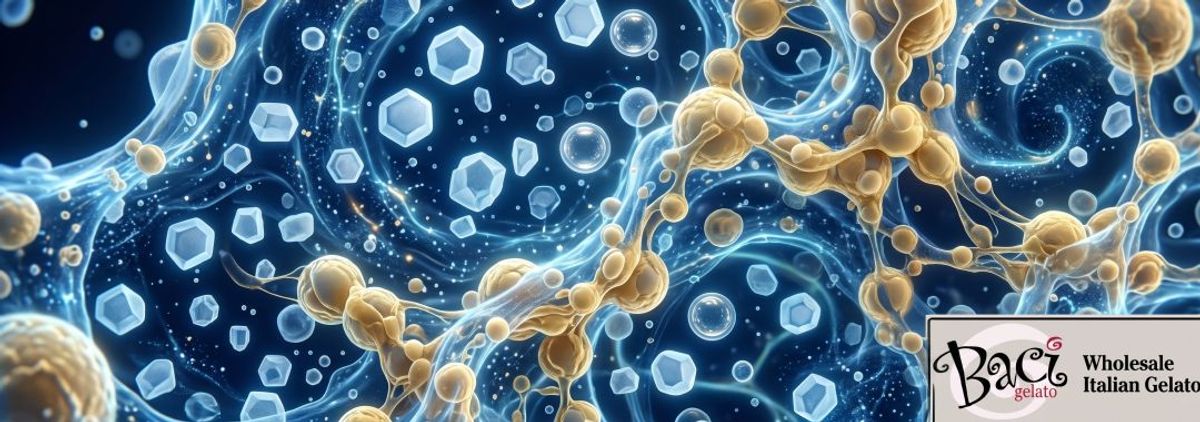 microscopic 3D render illustrating the complex four-phase colloidal system of premium frozen desserts
