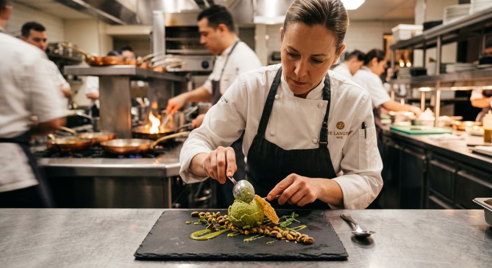 Executive chef in a commercial kitchen artfully plating a scoop of artisanal pistachio gelato for a luxury hotel dessert service.