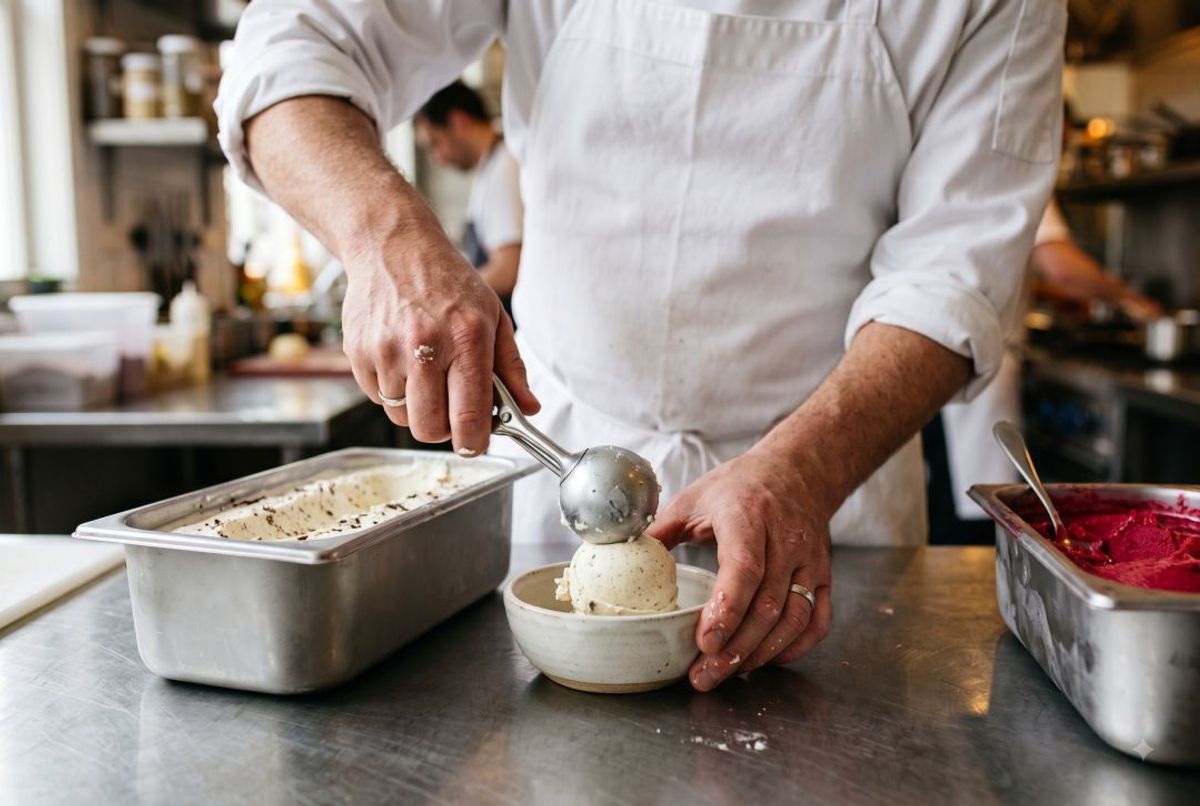 Chef scooping small-batch Italian gelato into a dish in a restaurant kitchen