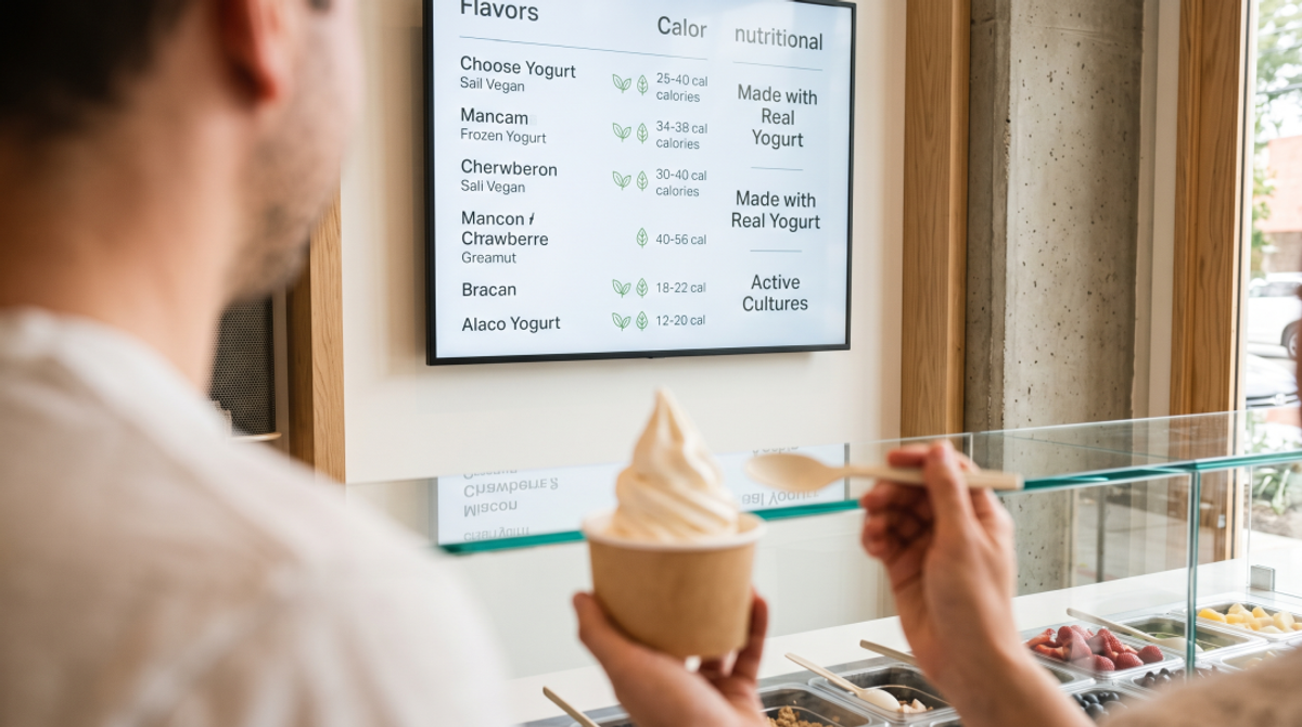 The sign displays simple, stylized icons or text suggesting nutritional information (like a small leaf icon or a simple chart), subtly communicating transparency and health-consciousness. In the foreground, slightly out of focus, is a fresh cup of froyo.