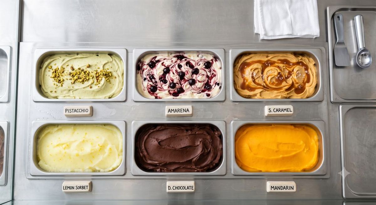 photo series, four moments of gelato service across a wedding, a hotel banquet, a café counter, and a plated restaurant dessert