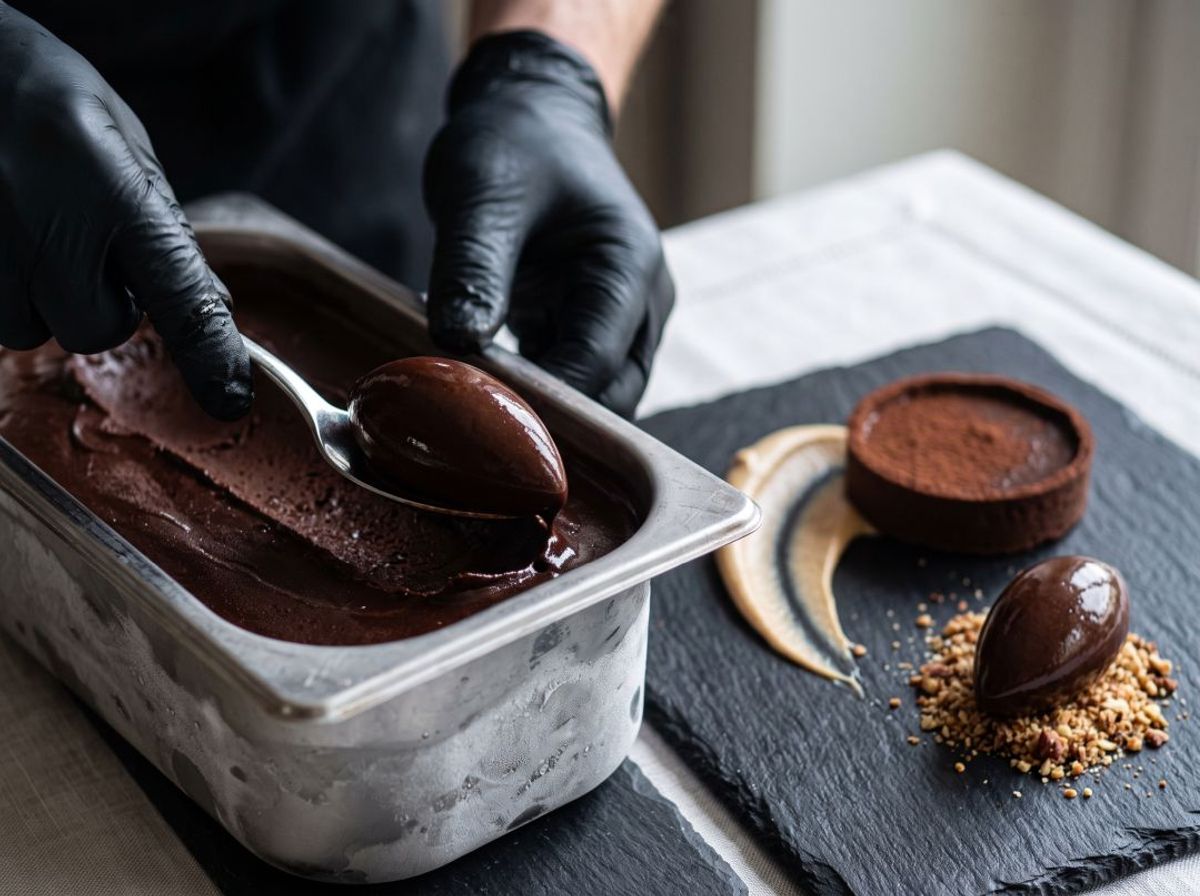 Chef forming a dense gelato quenelle for a plated fine dining dessert Avoid: melting, drips, puddles, soft slumped shapes. The whole point of the section is that it holds structure. Also no faces, no visible chef jacket embroidery.