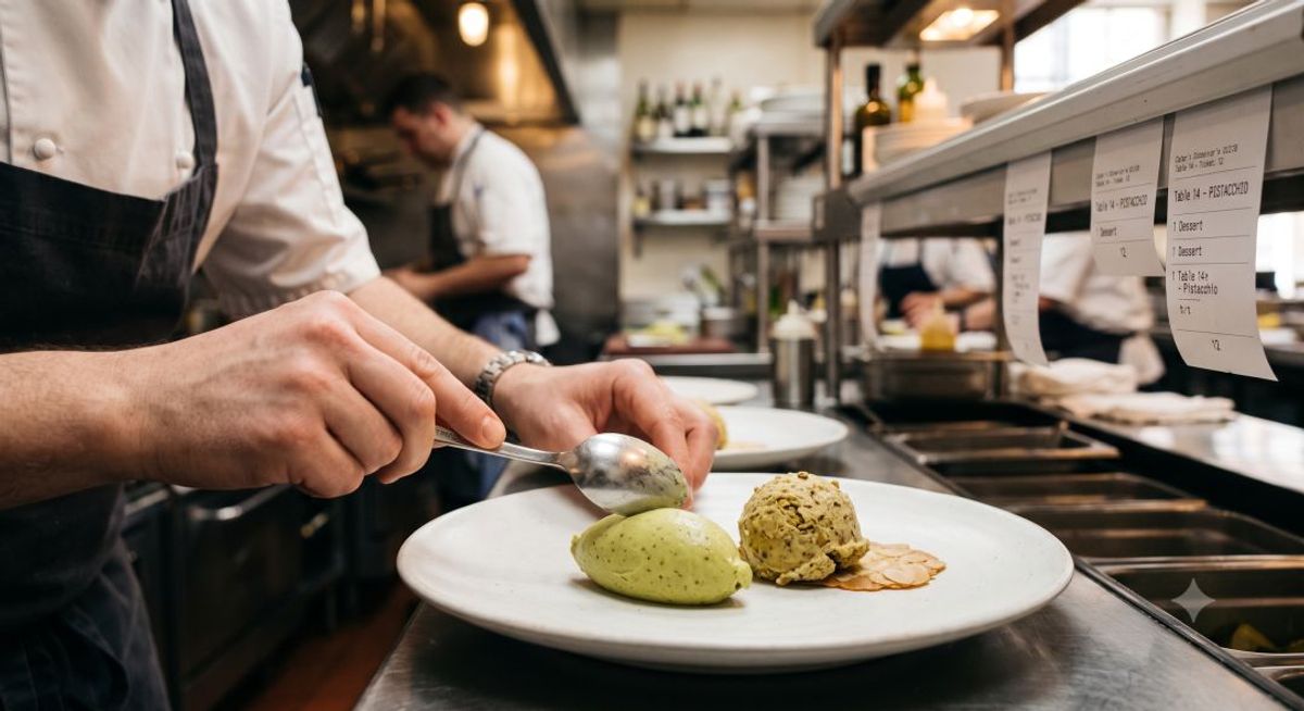 white plate with a warm spoon, a second scoop and a thin wafer alongside, blurred stainless kitchen and a cater's ticket rail in the background.