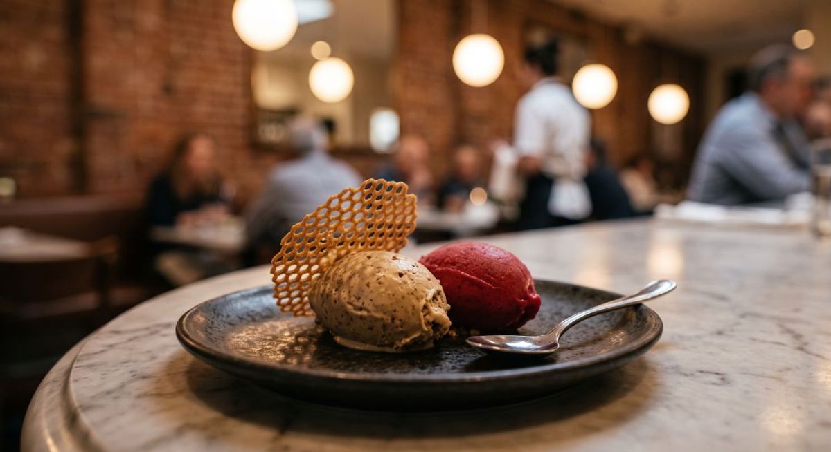 Plated gelato and sorbet dessert served in a Connecticut restaurant
