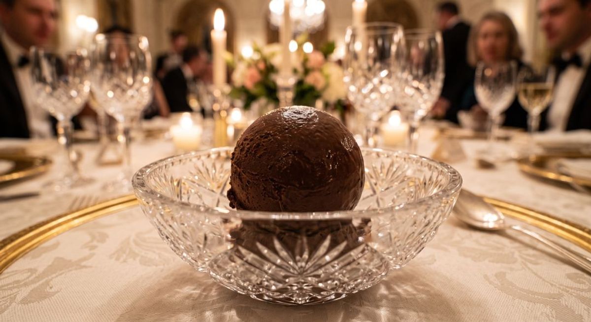 Scoop of dense chocolate gelato holding its shape in crystal glassware during high-volume banquet service.