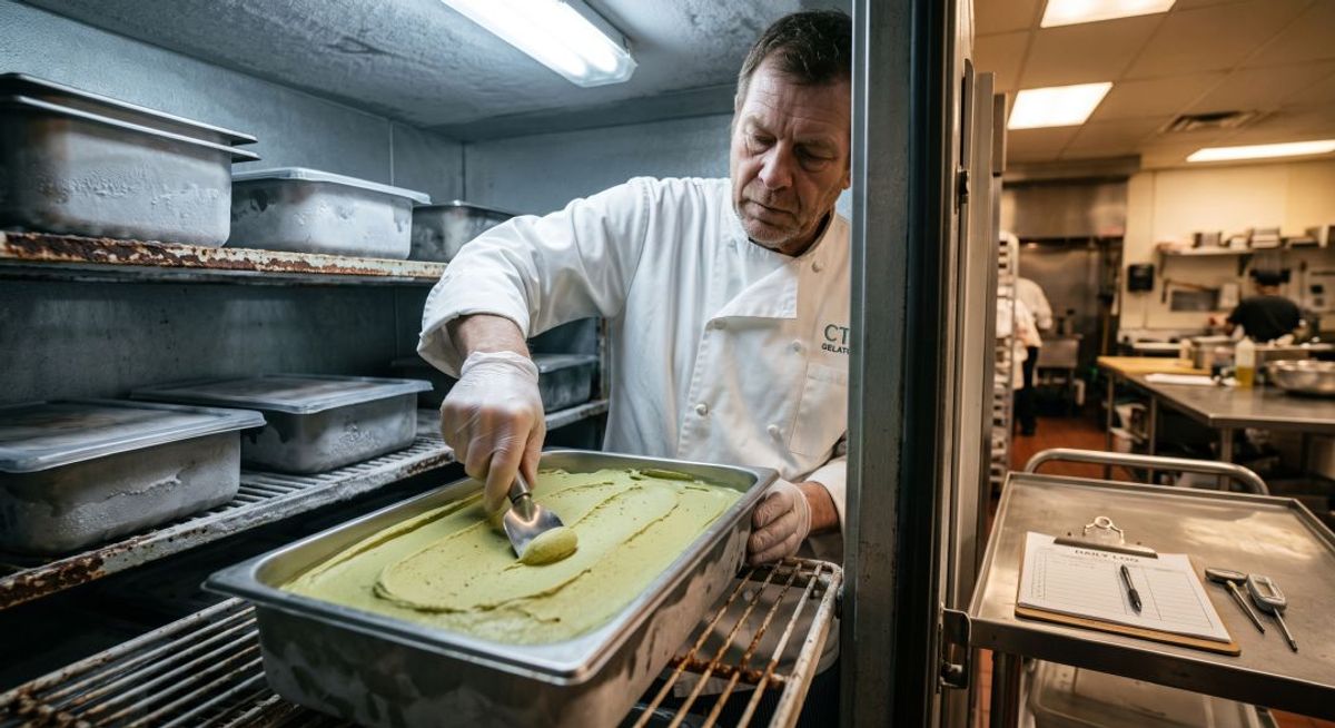Chef inspecting a pan of wholesale gelato at a Connecticut restaurant walk-in cooler