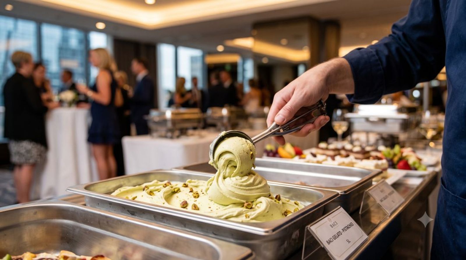 a 5 liter pan of pistachio being scooped at a banquet service line, shallow depth of field