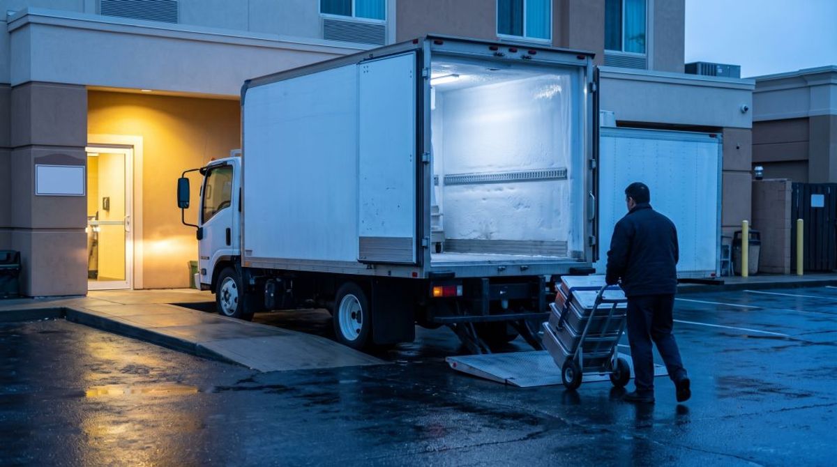 Refrigerated truck delivering wholesale gelato to a hotel service dock Avoid: any readable signage, license plates, company names, or logos on the truck. Leave the box body clean so you can add the Baci wordmark yourself later if you want it.