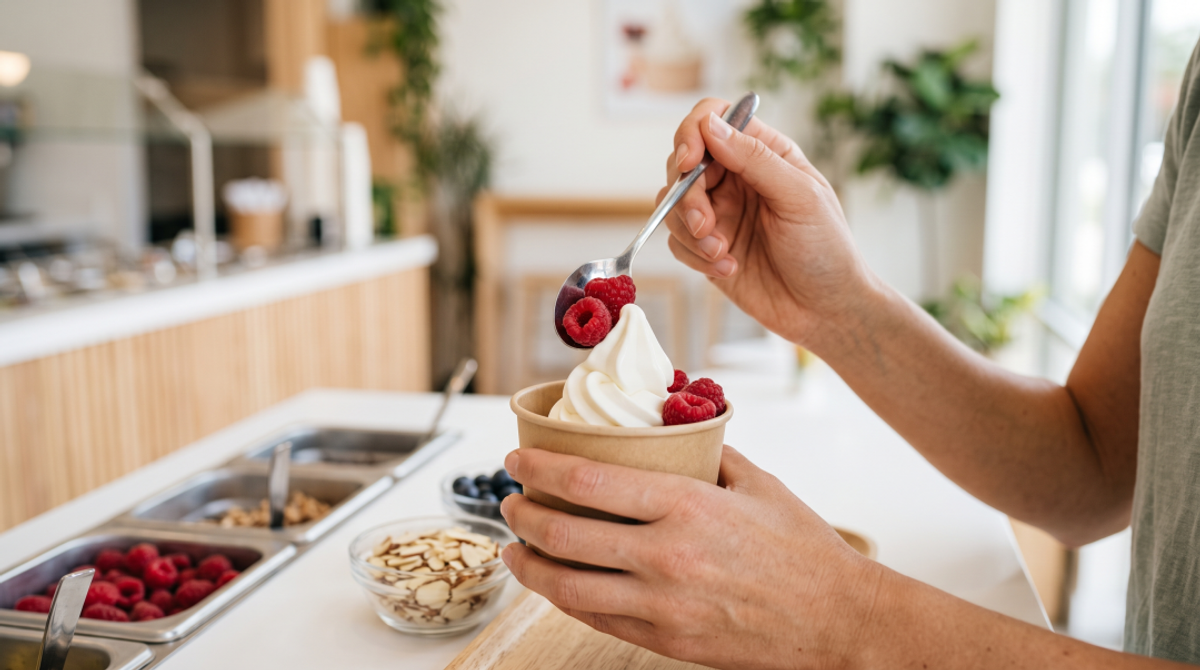 A close-up lifestyle image of a person's hands holding a simple, unbranded cup of plain frozen yogurt. The person is using a silver spoon to carefully add a small, measured portion of fresh raspberries from a clean, modern topping bar in the background.