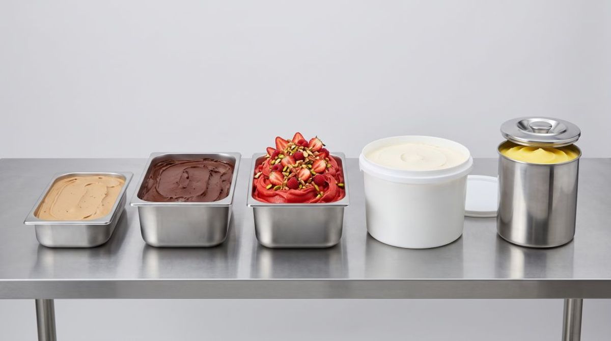 Wholesale gelato container formats compared: 2.5-quart pan, 5-liter pan, decorated pan, 2.5-gallon tub, and pozzetti tub