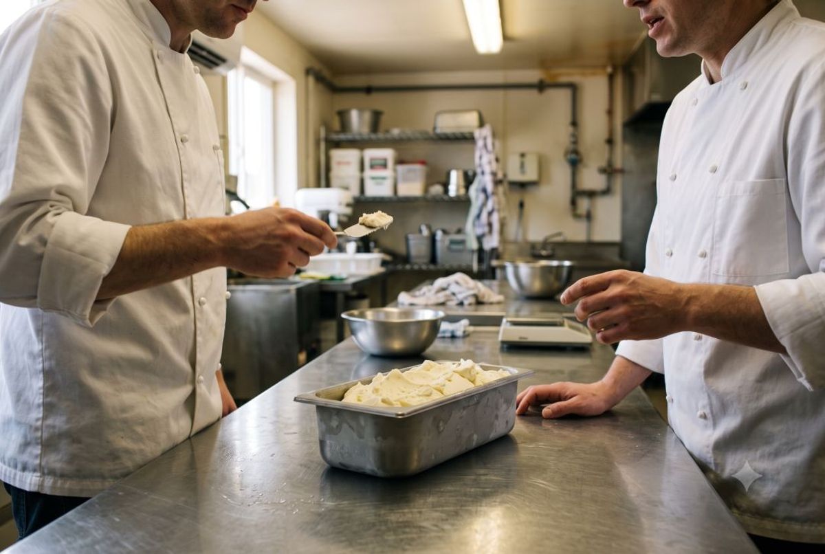 A chef and a production lead taste a custom gelato flavor trial batch at a small wholesale production kitchen.