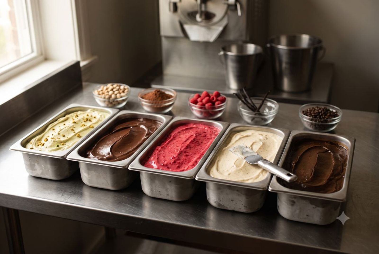 Five open pans of gelato in different flavors on a stainless steel production bench during a flavor development session.